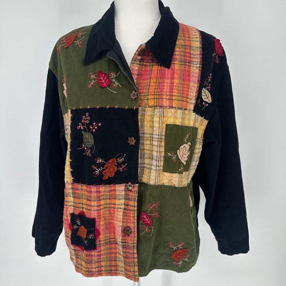 Vintage Patchwork Embroidered Corduroy‎ Button Up Shirt Women TanTrumms XL